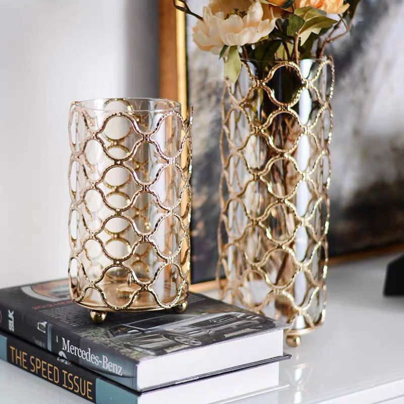 Golden Hollow Out Glass Vase with Metal Frame - OSC